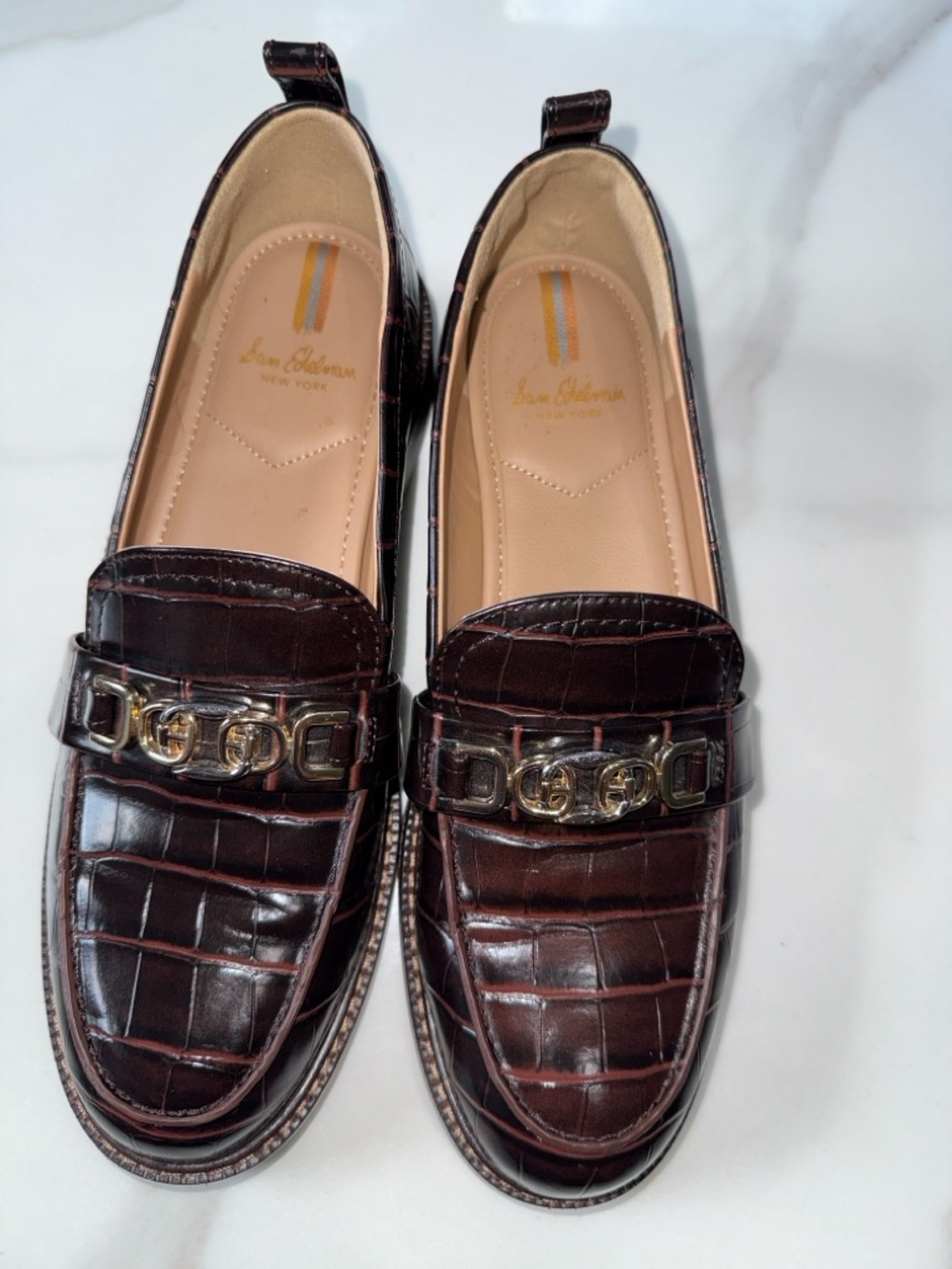 Sam Edelman Dark Brown Croc-Embossed Leather Loafers with Gold Hardware - Picture 3 of 8